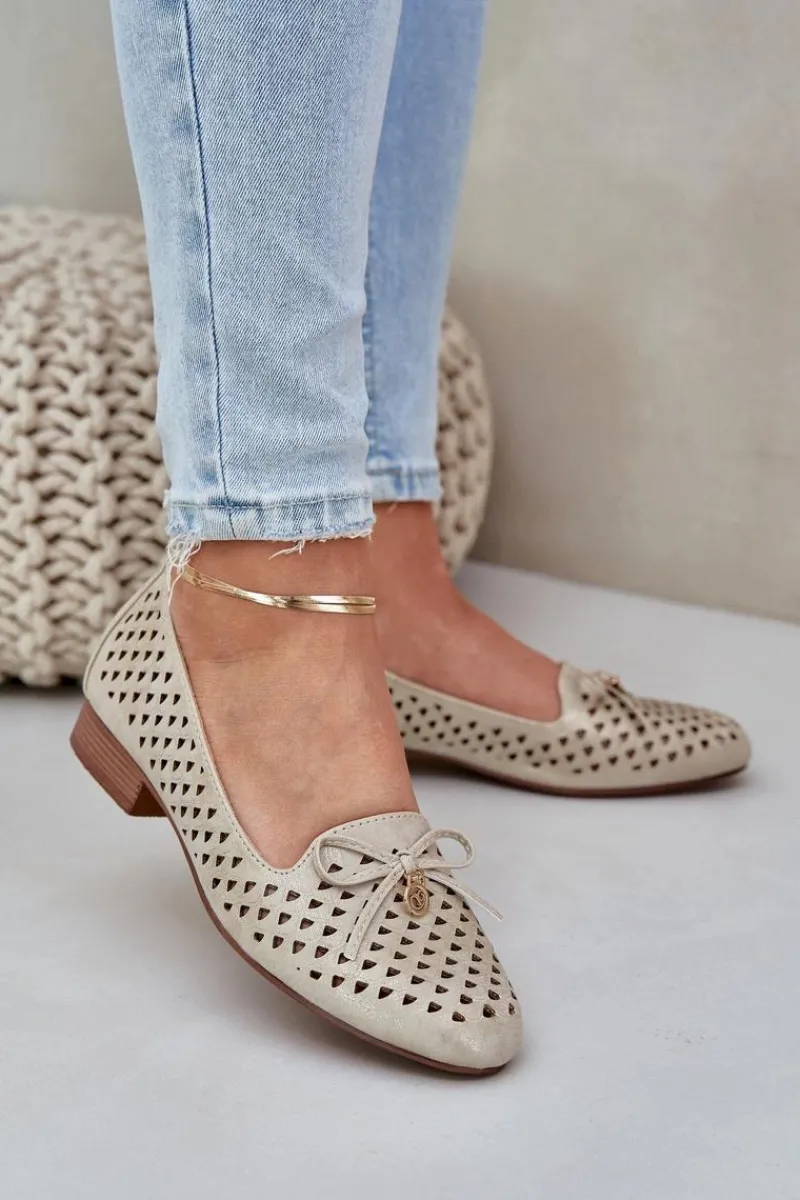 Baleriny Skórzane|Baleriny Klasyczne>Boto Ażurowe Baleriny Z Kokardką Eko Skórzane Złote Relabra