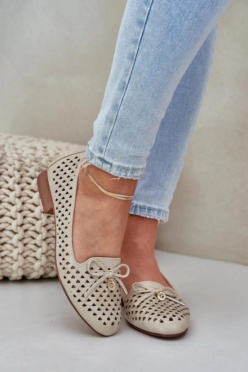 Baleriny Skórzane|Baleriny Klasyczne>Boto Ażurowe Baleriny Z Kokardką Eko Skórzane Złote Relabra