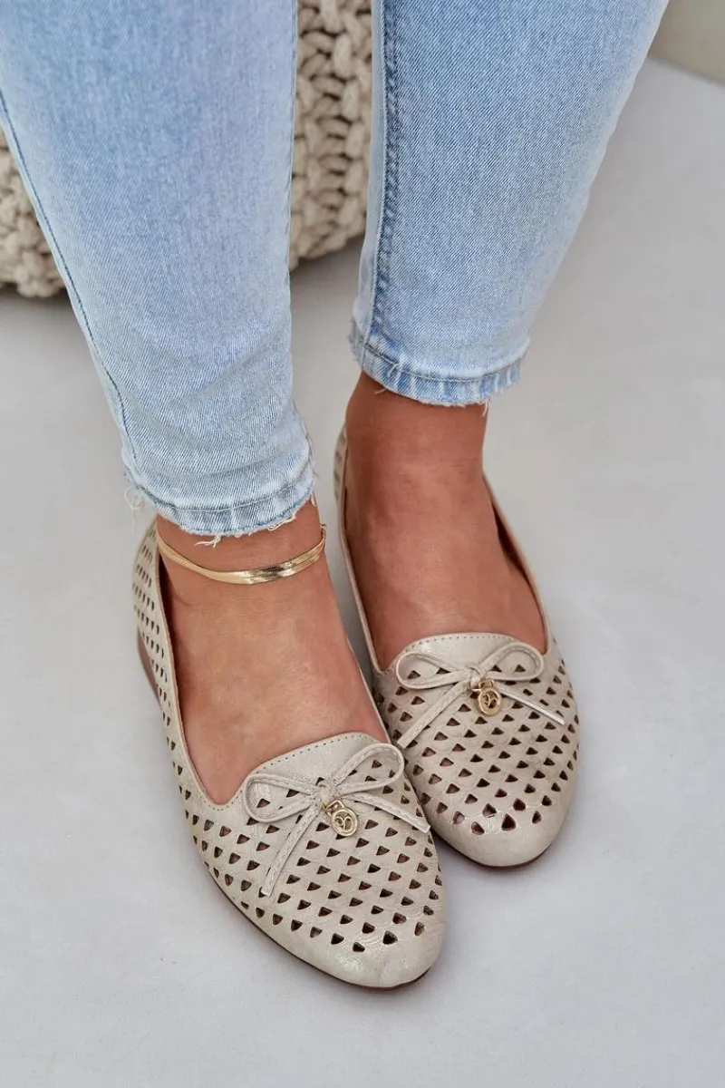 Baleriny Skórzane|Baleriny Klasyczne>Boto Ażurowe Baleriny Z Kokardką Eko Skórzane Złote Relabra