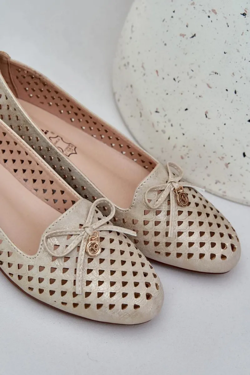 Baleriny Skórzane|Baleriny Klasyczne>Boto Ażurowe Baleriny Z Kokardką Eko Skórzane Złote Relabra