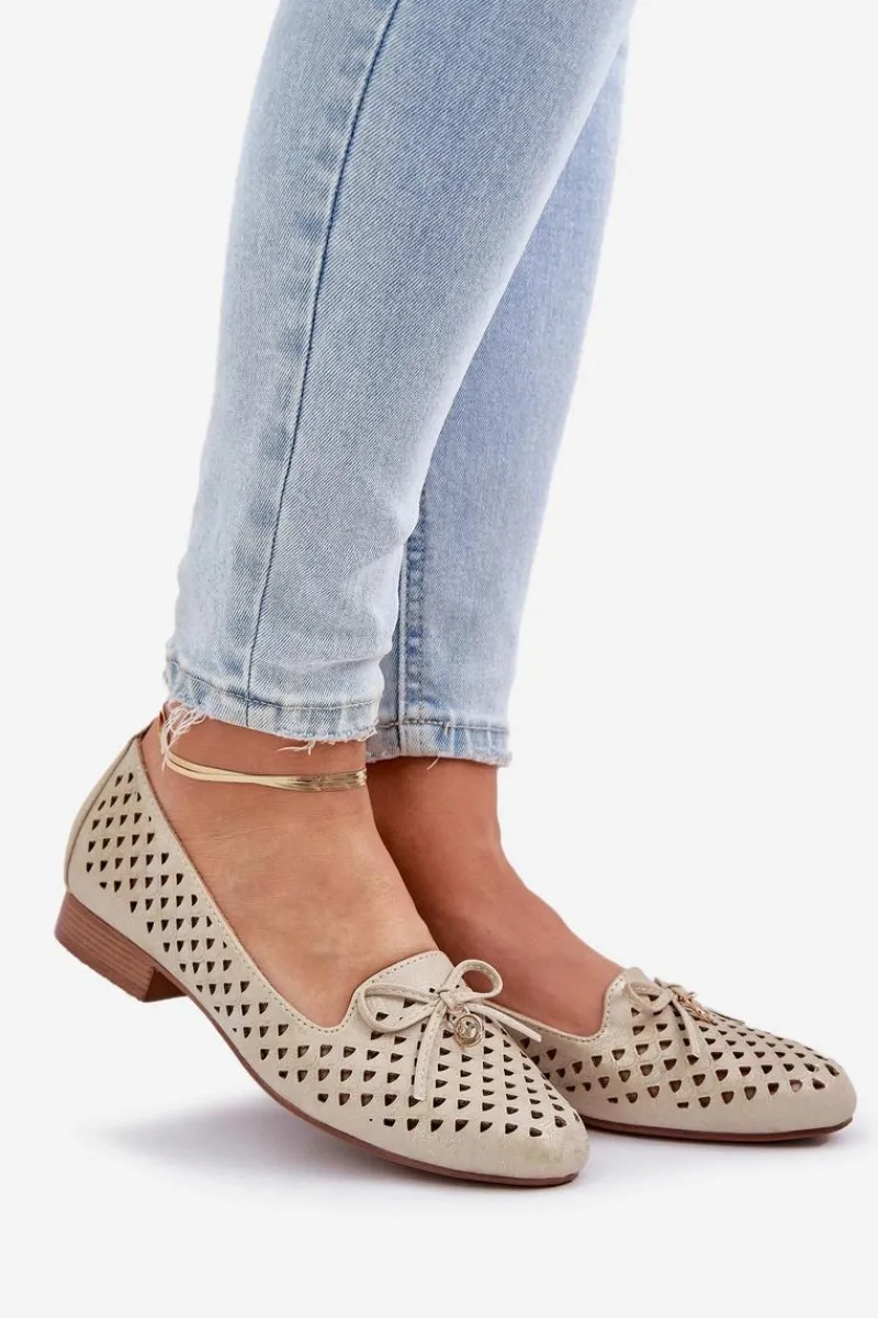 Baleriny Skórzane|Baleriny Klasyczne>Boto Ażurowe Baleriny Z Kokardką Eko Skórzane Złote Relabra