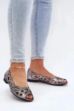 Ażurowe Baleriny Z Odkrytymi Palcami Srebrne Calgis Damskie Baleriny Skórzane|Baleriny Klasyczne