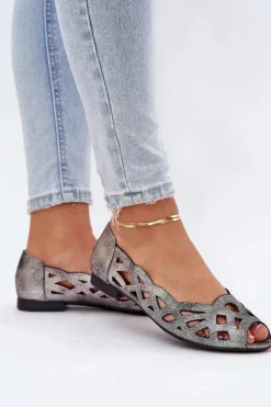 Ażurowe Baleriny Z Odkrytymi Palcami Srebrne Calgis Damskie Baleriny Skórzane|Baleriny Klasyczne