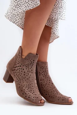 Botki Wiosenne|Botki Ażurowe></noscript>Boto Ażurowe Botki Damskie Eko Zamszowe Na Słupku Z Odkrytymi Palcami Brązowe Halania