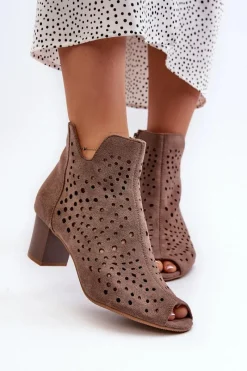 Botki Wiosenne|Botki Ażurowe></noscript>Boto Ażurowe Botki Damskie Eko Zamszowe Na Słupku Z Odkrytymi Palcami Brązowe Halania
