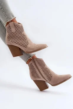 Botki Wiosenne|Botki Na Słupku>Boto Ażurowe Botki Damskie Eko Zamszowe Na Słupku Beżowe Stardara