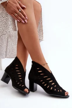 Botki Wiosenne|Botki Ażurowe>Boto Ażurowe Botki Damskie Eko Zamszowe Na Słupku Z Odkrytymi Palcami Czarne Timalre