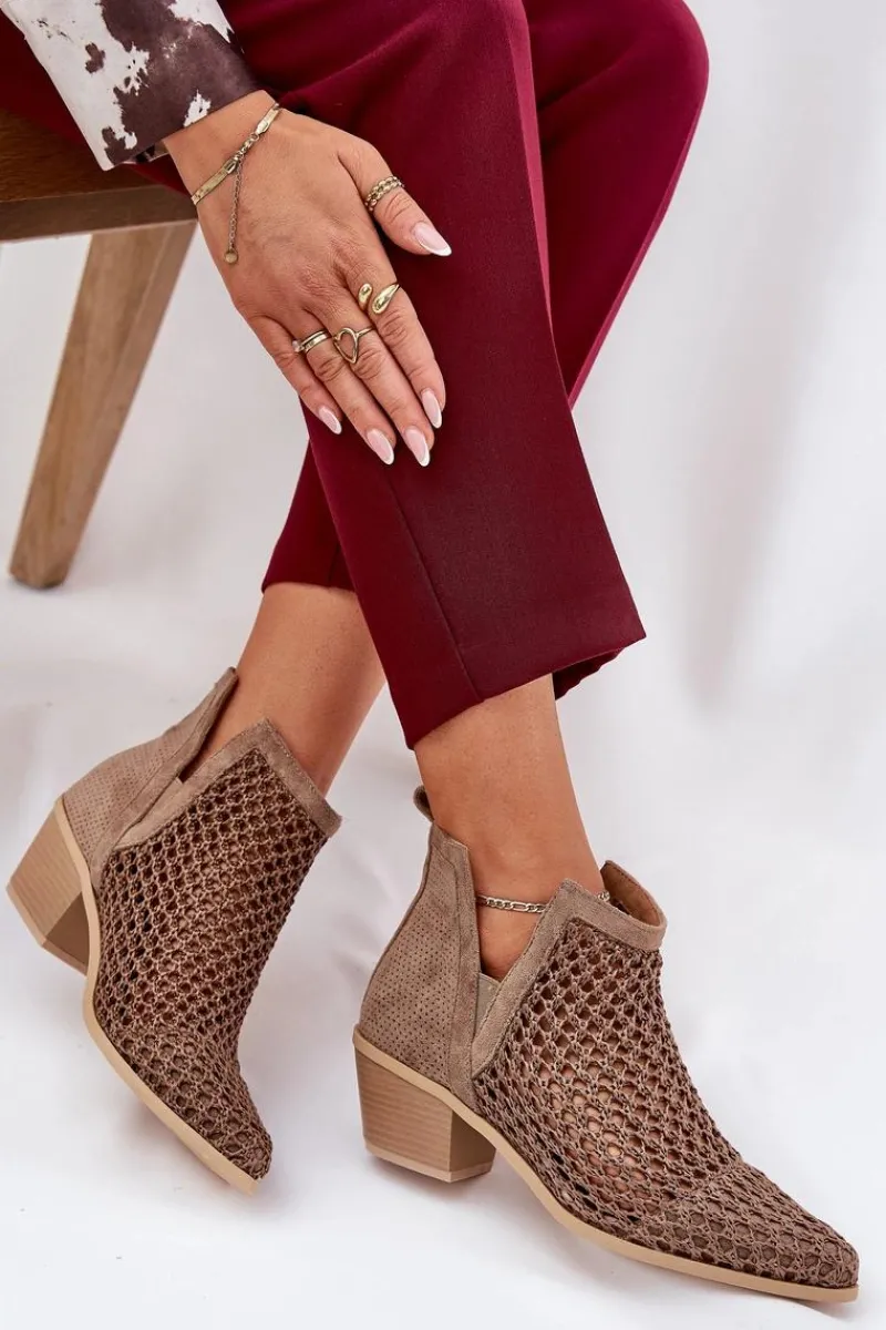 New Ażurowe Botki Damskie Na Obcasie Z Wycięciami I Plecionką Khaki Tulifedi Damskie Botki Wiosenne|Botki Na Słupku