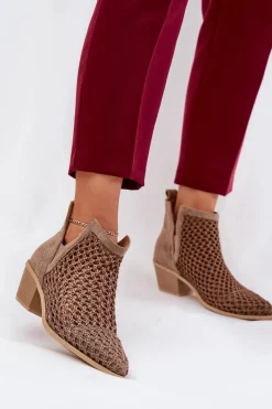 New Ażurowe Botki Damskie Na Obcasie Z Wycięciami I Plecionką Khaki Tulifedi Damskie Botki Wiosenne|Botki Na Słupku