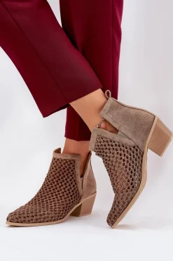 New Ażurowe Botki Damskie Na Obcasie Z Wycięciami I Plecionką Khaki Tulifedi Damskie Botki Wiosenne|Botki Na Słupku
