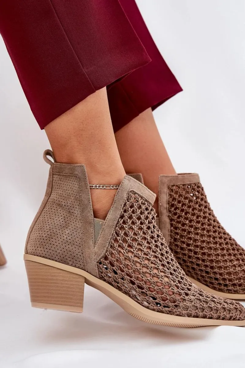 New Ażurowe Botki Damskie Na Obcasie Z Wycięciami I Plecionką Khaki Tulifedi Damskie Botki Wiosenne|Botki Na Słupku