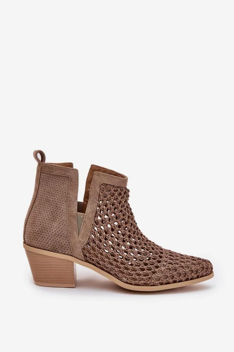 New Ażurowe Botki Damskie Na Obcasie Z Wycięciami I Plecionką Khaki Tulifedi Damskie Botki Wiosenne|Botki Na Słupku
