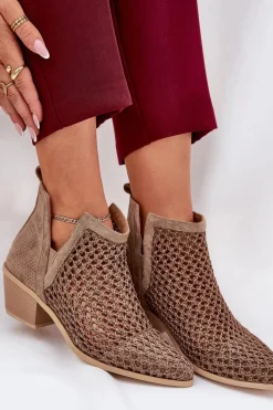 New Ażurowe Botki Damskie Na Obcasie Z Wycięciami I Plecionką Khaki Tulifedi Damskie Botki Wiosenne|Botki Na Słupku