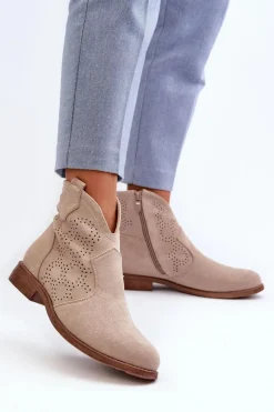 Botki Wiosenne|Botki Ażurowe>Damskie buty S.Barski Ażurowe Botki Damskie Na Płaskim Obcasie Jasnobeżowe S.Barski HY66-151