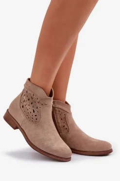 Ażurowe Botki Damskie Na Płaskim Obcasie S.Barski HY51-113 Beżowe Damskie Botki Ażurowe|Botki Płaskie