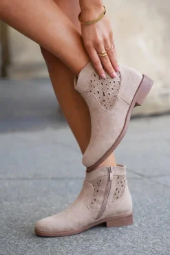 Ażurowe Botki Damskie Na Płaskim Obcasie S.Barski HY51-113 Beżowe Damskie Botki Ażurowe|Botki Płaskie