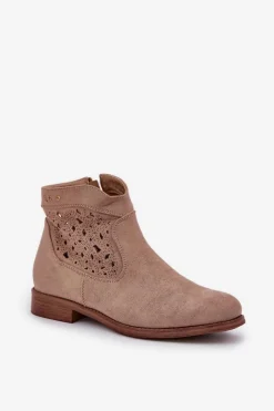Ażurowe Botki Damskie Na Płaskim Obcasie S.Barski HY51-113 Beżowe Damskie Botki Ażurowe|Botki Płaskie