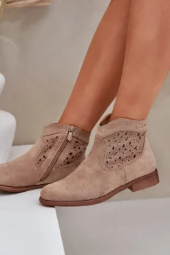 Ażurowe Botki Damskie Na Płaskim Obcasie S.Barski HY51-113 Beżowe Damskie Botki Ażurowe|Botki Płaskie