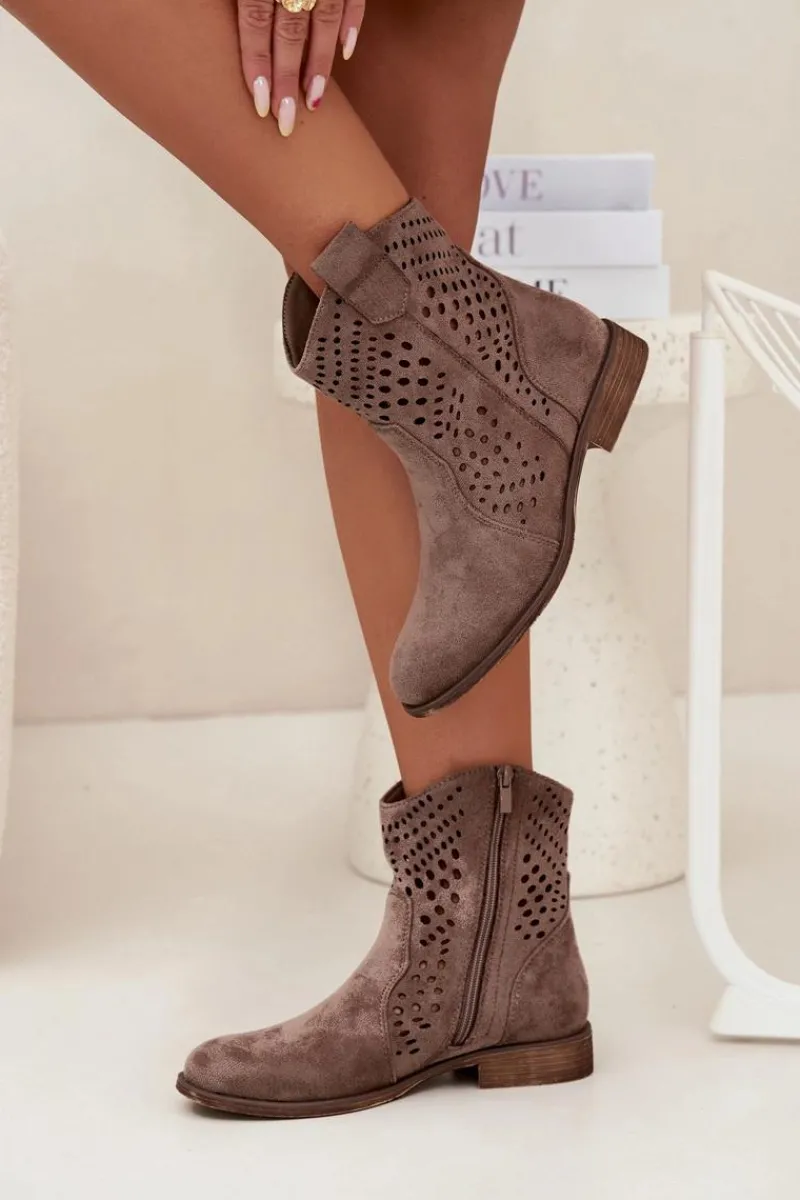 Botki Ocieplane|Botki Ażurowe>Boto Ażurowe Botki Damskie Na Płaskim Obcasie Ciemnobeżowe Amisna