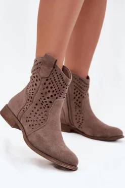 Botki Ocieplane|Botki Ażurowe>Boto Ażurowe Botki Damskie Na Płaskim Obcasie Ciemnobeżowe Amisna