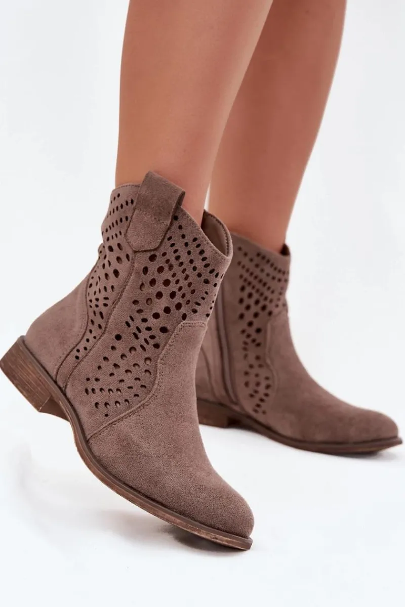 Botki Ocieplane|Botki Ażurowe>Boto Ażurowe Botki Damskie Na Płaskim Obcasie Ciemnobeżowe Amisna