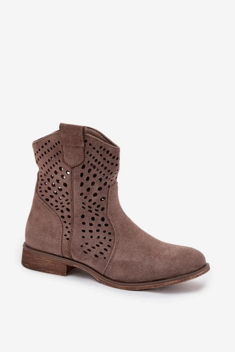 Botki Ocieplane|Botki Ażurowe>Boto Ażurowe Botki Damskie Na Płaskim Obcasie Ciemnobeżowe Amisna