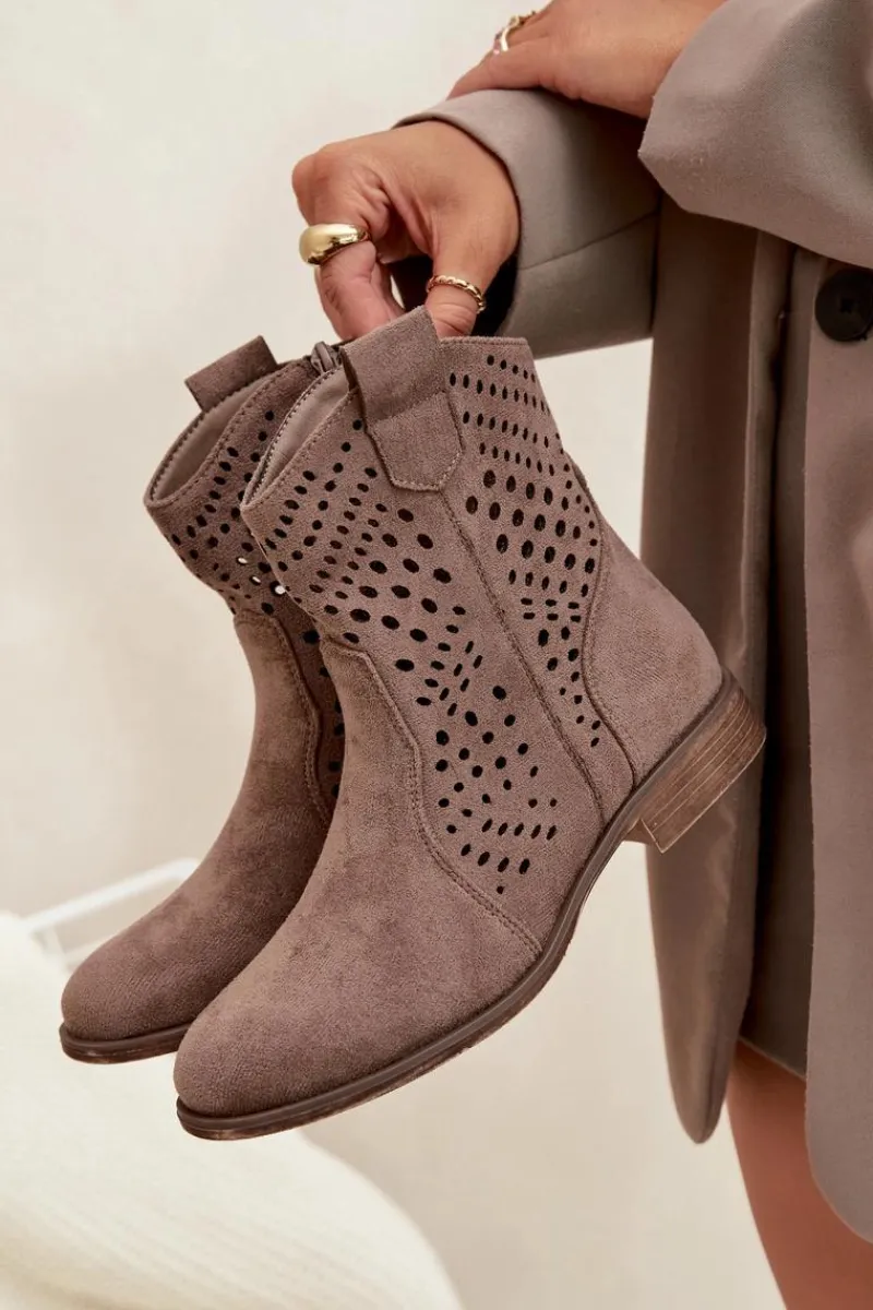 Botki Ocieplane|Botki Ażurowe>Boto Ażurowe Botki Damskie Na Płaskim Obcasie Ciemnobeżowe Amisna