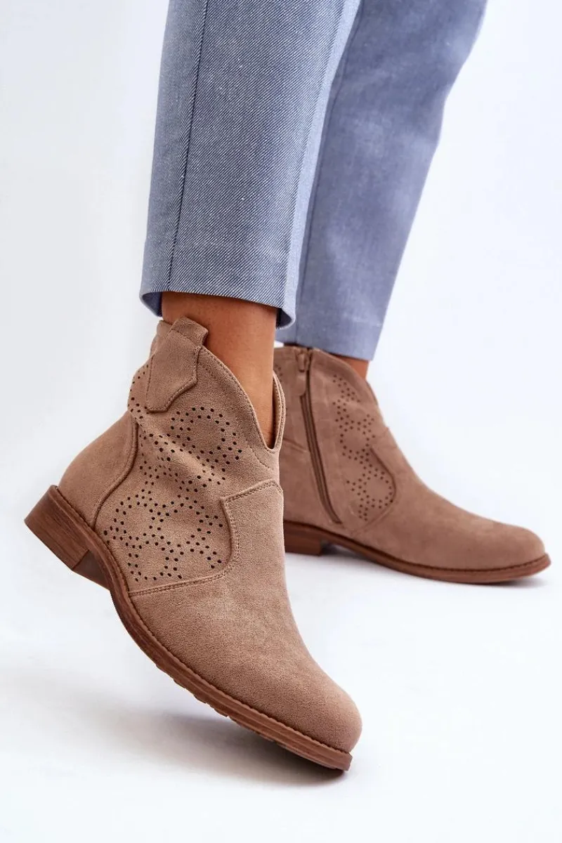 Best Ażurowe Botki Damskie Na Płaskim Obcasie Beżowe S.Barski HY66-151 Damskie Botki Wiosenne|Botki Ażurowe