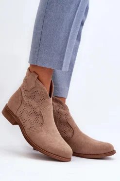 Best Ażurowe Botki Damskie Na Płaskim Obcasie Beżowe S.Barski HY66-151 Damskie Botki Wiosenne|Botki Ażurowe