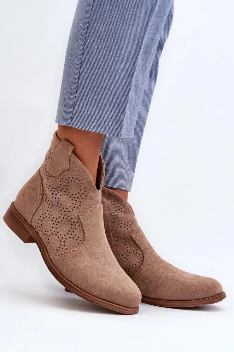 Best Ażurowe Botki Damskie Na Płaskim Obcasie Beżowe S.Barski HY66-151 Damskie Botki Wiosenne|Botki Ażurowe