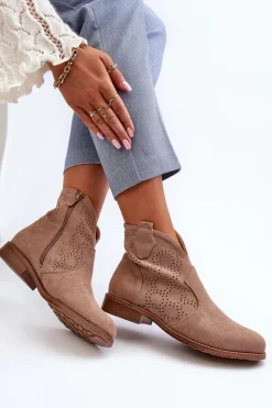 Best Ażurowe Botki Damskie Na Płaskim Obcasie Beżowe S.Barski HY66-151 Damskie Botki Wiosenne|Botki Ażurowe