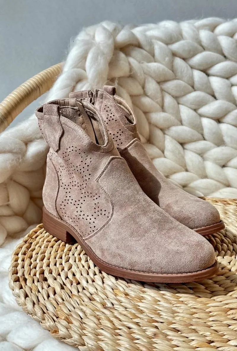 Best Ażurowe Botki Damskie Na Płaskim Obcasie Beżowe S.Barski HY66-151 Damskie Botki Wiosenne|Botki Ażurowe