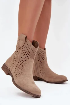 Discount Ażurowe Botki Damskie Na Płaskim Obcasie Beżowe Amisna Damskie Botki Ocieplane|Botki Ażurowe