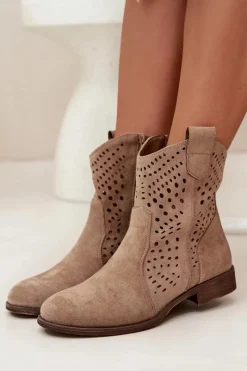 Discount Ażurowe Botki Damskie Na Płaskim Obcasie Beżowe Amisna Damskie Botki Ocieplane|Botki Ażurowe