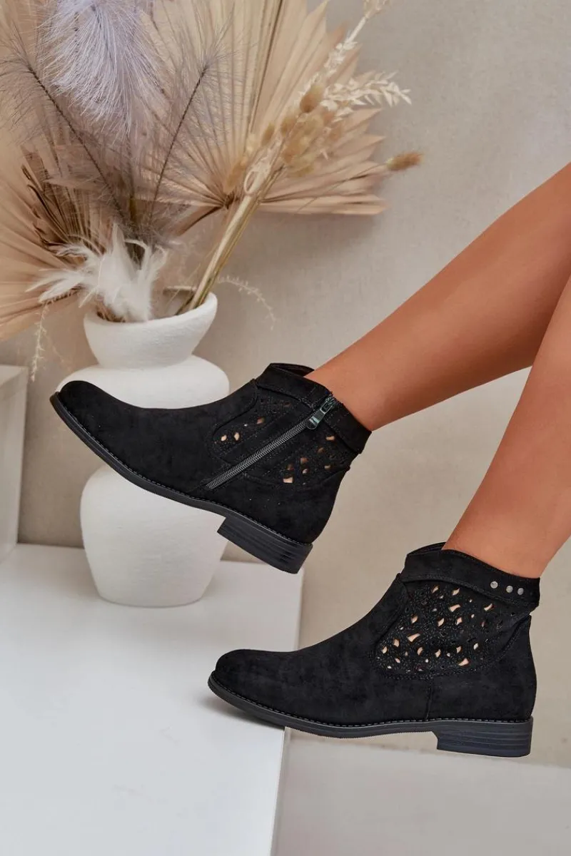 Botki Ażurowe|Botki Płaskie>Damskie buty S.Barski Ażurowe Botki Damskie Na Płaskim Obcasie S.Barski HY51-113 Czarne