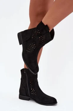 Outlet Boto Ażurowe Botki Damskie Na Płaskim Obcasie Czarne Amisna