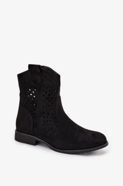 Outlet Boto Ażurowe Botki Damskie Na Płaskim Obcasie Czarne Amisna