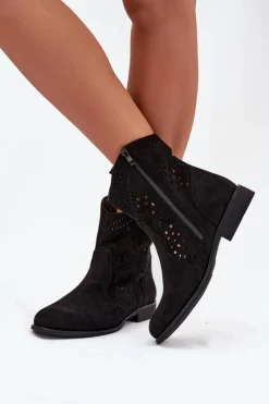 Outlet Boto Ażurowe Botki Damskie Na Płaskim Obcasie Czarne Amisna