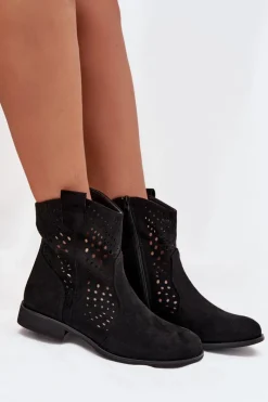 Outlet Boto Ażurowe Botki Damskie Na Płaskim Obcasie Czarne Amisna