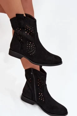 Outlet Boto Ażurowe Botki Damskie Na Płaskim Obcasie Czarne Amisna