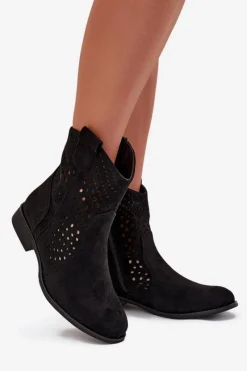 Outlet Boto Ażurowe Botki Damskie Na Płaskim Obcasie Czarne Amisna