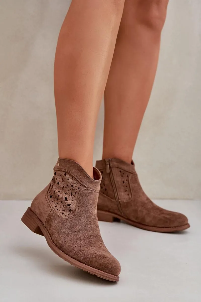 Hot Damskie buty S.Barski Ażurowe Botki Damskie Na Płaskim Obcasie S.Barski HY51-113 Brązowe Brązowy