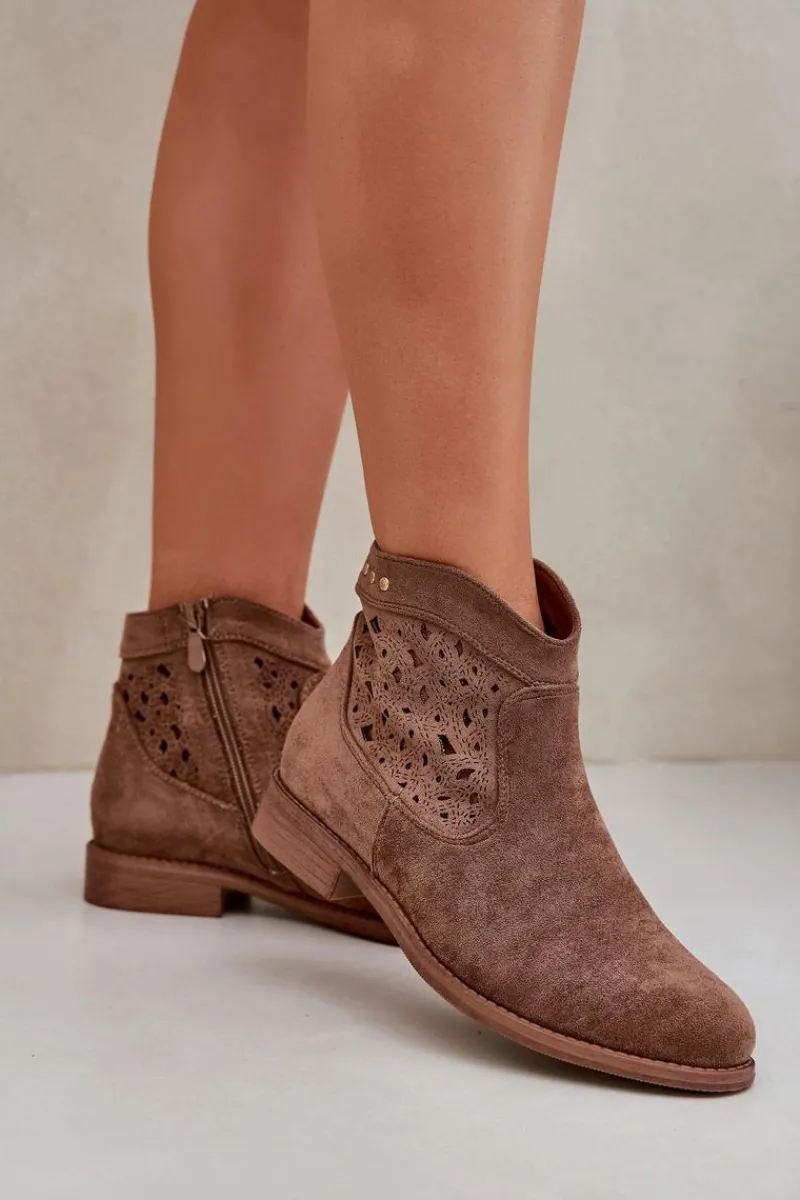 Hot Damskie buty S.Barski Ażurowe Botki Damskie Na Płaskim Obcasie S.Barski HY51-113 Brązowe Brązowy