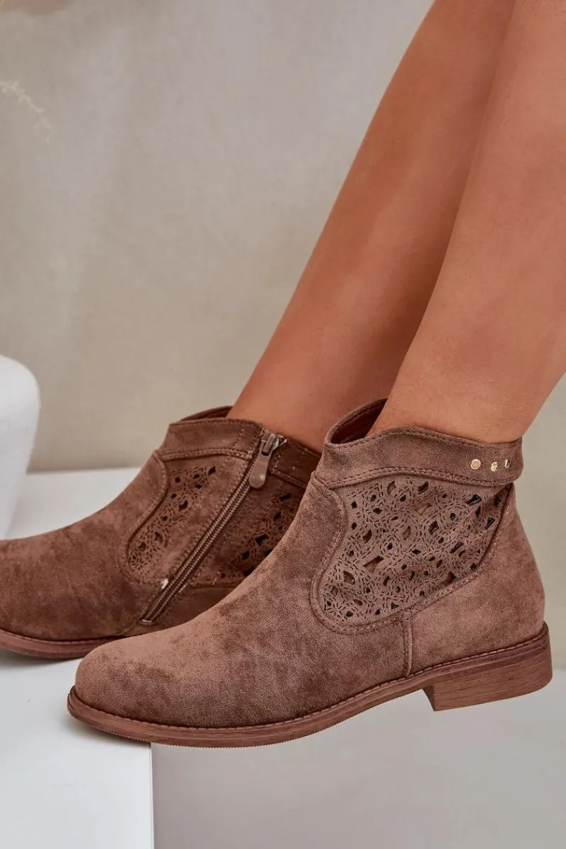 Hot Damskie buty S.Barski Ażurowe Botki Damskie Na Płaskim Obcasie S.Barski HY51-113 Brązowe Brązowy