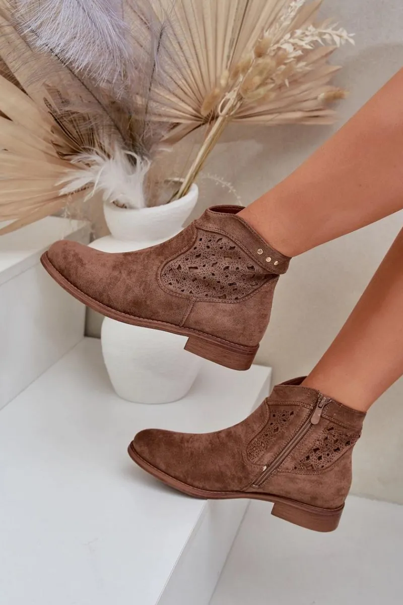 Hot Damskie buty S.Barski Ażurowe Botki Damskie Na Płaskim Obcasie S.Barski HY51-113 Brązowe Brązowy