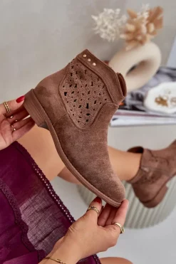 Hot Damskie buty S.Barski Ażurowe Botki Damskie Na Płaskim Obcasie S.Barski HY51-113 Brązowe Brązowy