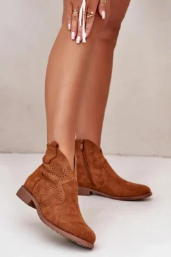 Online Ażurowe Botki Damskie Na Płaskim Obcasie Camel S.Barski HY42-151 Damskie Botki Ażurowe|Brązowe I Beżowe Botki