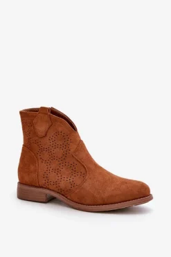 Online Ażurowe Botki Damskie Na Płaskim Obcasie Camel S.Barski HY42-151 Damskie Botki Ażurowe|Brązowe I Beżowe Botki