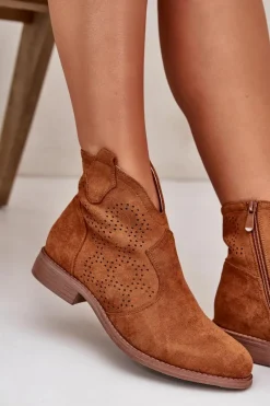 Online Ażurowe Botki Damskie Na Płaskim Obcasie Camel S.Barski HY42-151 Damskie Botki Ażurowe|Brązowe I Beżowe Botki