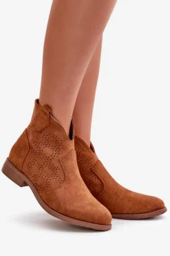 Online Ażurowe Botki Damskie Na Płaskim Obcasie Camel S.Barski HY42-151 Damskie Botki Ażurowe|Brązowe I Beżowe Botki